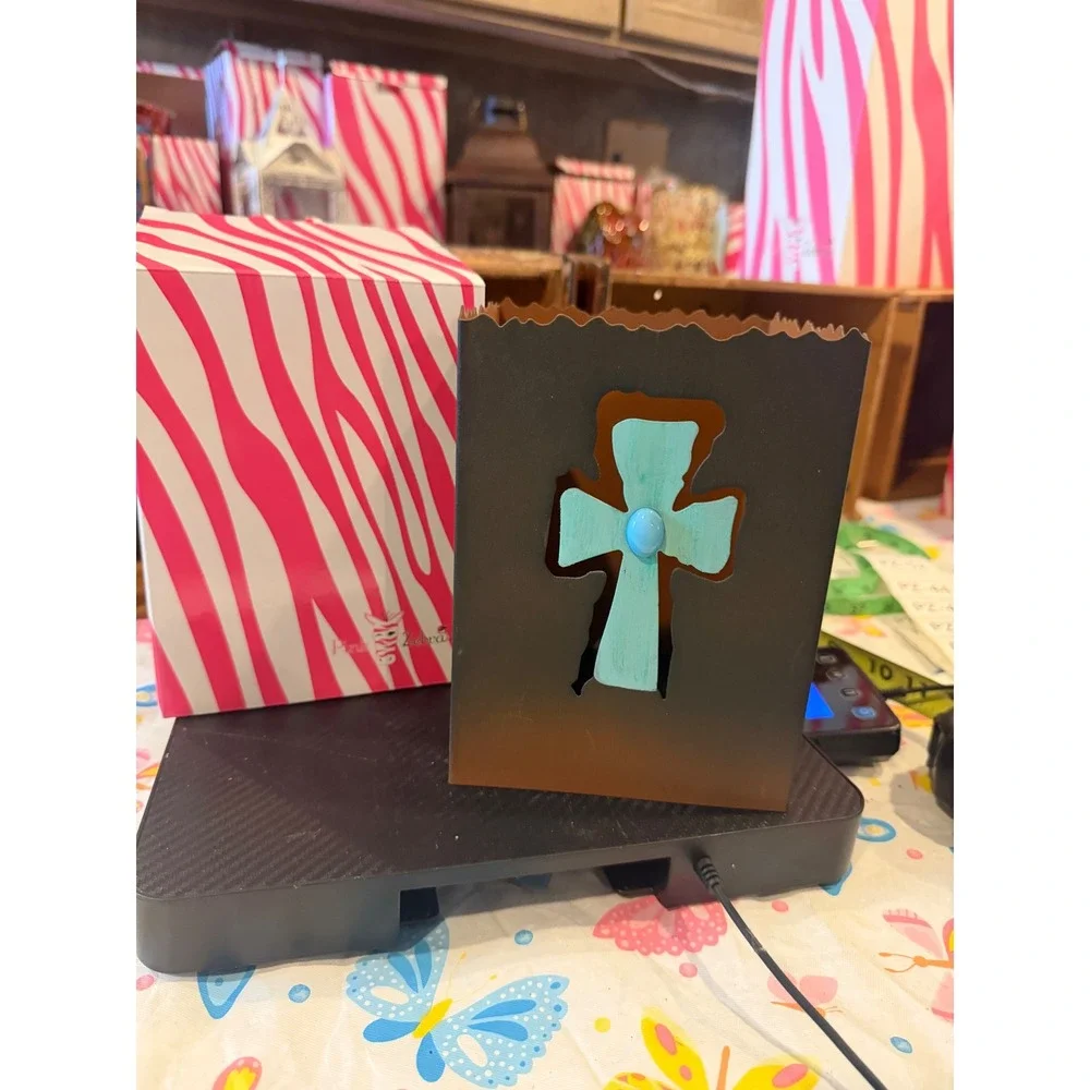 Pink Zebra Simmer Shade Metal Rustic Brown Turquoise Cross Cutout PZ-44